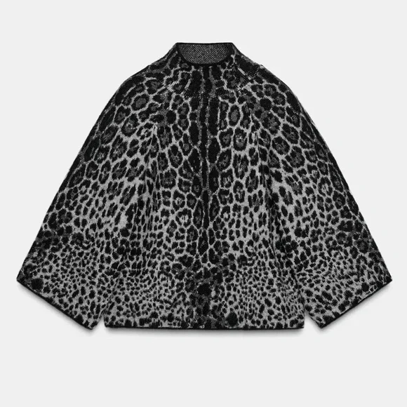 Zara NWT gray black snake skin print 3/4 sleeve wide sleeve knit sweater jumper - Picture 2 of 14
